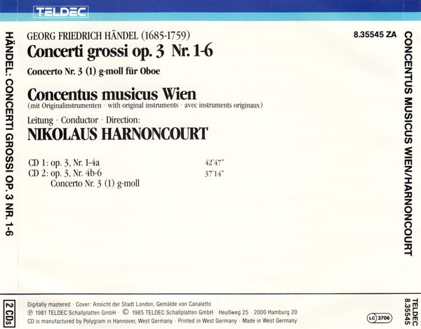 Georg Friedrich Händel - Concentus Musicus Wien, Nikolaus Harnoncourt - Concerti Grossi Op. 3 - Nr. 1-6 / Oboenkonzert G-Moll (2xCD, Album) (Very Good Plus (VG+)) - Image 2