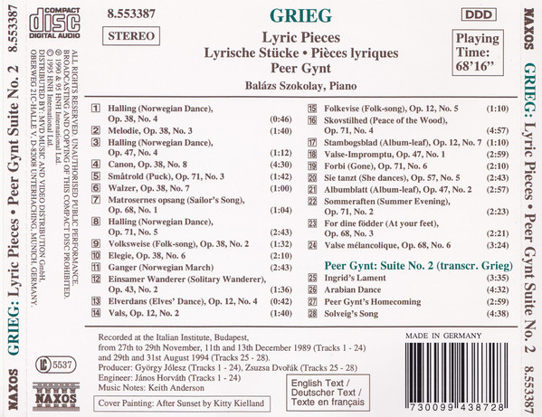 Edvard Grieg, Balázs Szokolay - Lyric Pieces, Peer Gynt Suite No.2 (CD) (Near Mint (NM or M-)) - Image 2