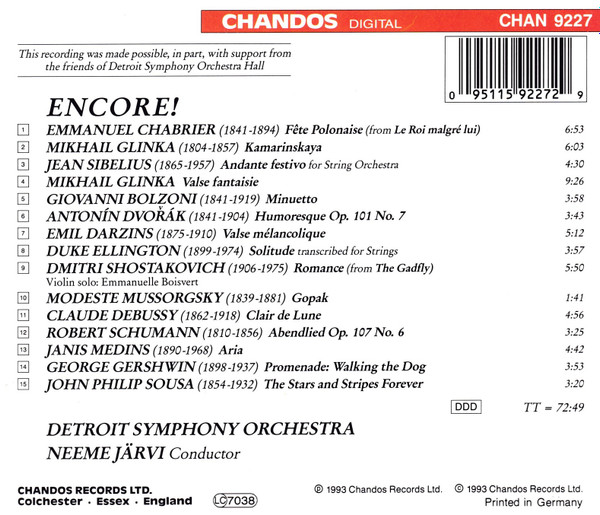 Neeme Järvi, Detroit Symphony Orchestra - Encore! (CD, Comp) (Near Mint (NM or M-)) - Image 2