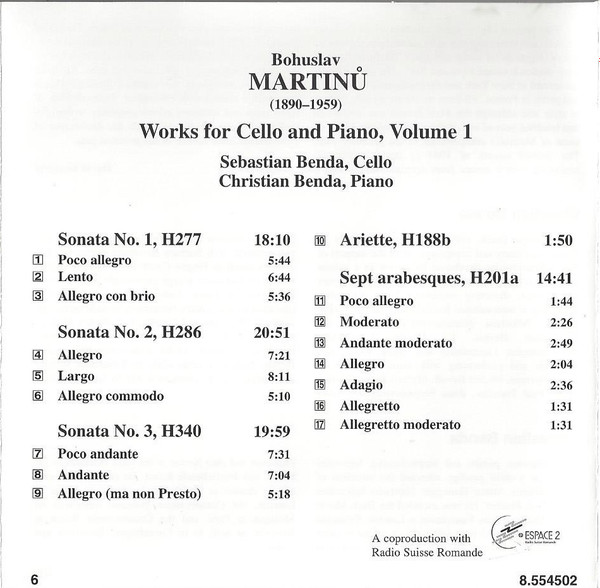 Bohuslav Martinů - Sebastian Benda, Christian Benda - Works For Cello And Piano, Volume 1: Sonatas Nos 1-3, Ariette, Sept Arabesques (CD, Album) (Near Mint (NM or M-)) - Image 2