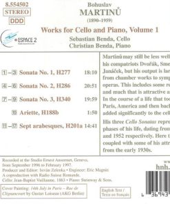 Bohuslav Martinů - Sebastian Benda, Christian Benda - Works For Cello And Piano, Volume 1: Sonatas Nos 1-3, Ariette, Sept Arabesques (CD, Album) (Near Mint (NM or M-)) - Image 3