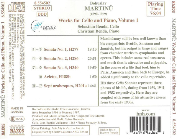 Bohuslav Martinů - Sebastian Benda, Christian Benda - Works For Cello And Piano, Volume 1: Sonatas Nos 1-3, Ariette, Sept Arabesques (CD, Album) (Near Mint (NM or M-)) - Image 3