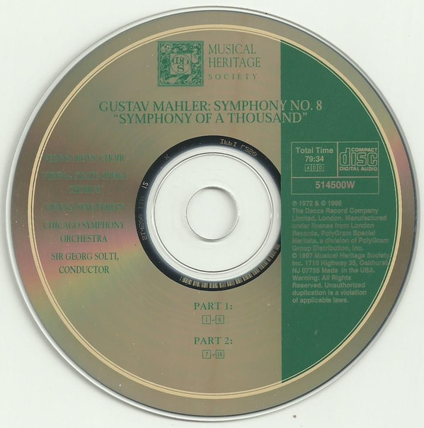 Gustav Mahler, Heather Harper, Lucia Popp, Arleen Auger, Yvonne Minton, Helen Watts, René Kollo, John Shirley-Quirk, Martti Talvela, Wiener Staatsopernchor, Wiener Singverein, Die Wiener Sängerknaben, Chicago Symphony Orchestra, Georg Solti - Symphony No. 8 In E-Flat Major "Symphony Of A Thousand" (CD, Club, RE) (Near Mint (NM or M-)) - Image 3