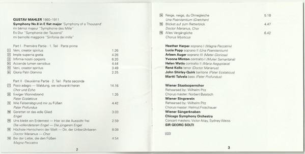 Gustav Mahler, Heather Harper, Lucia Popp, Arleen Auger, Yvonne Minton, Helen Watts, René Kollo, John Shirley-Quirk, Martti Talvela, Wiener Staatsopernchor, Wiener Singverein, Die Wiener Sängerknaben, Chicago Symphony Orchestra, Georg Solti - Symphony No. 8 In E-Flat Major "Symphony Of A Thousand" (CD, Club, RE) (Near Mint (NM or M-)) - Image 5