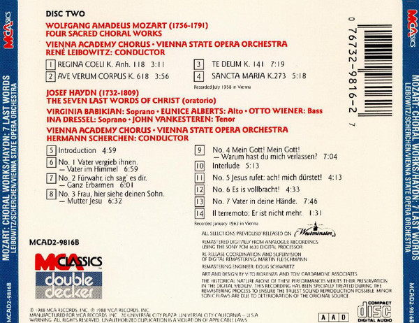 Wolfgang Amadeus Mozart / Joseph Haydn, Wiener Akademie Kammerchor, Orchester Der Wiener Staatsoper, Hermann Scherchen / René Leibowitz - Requiem, K.626; Four Sacred Choral Works / The Seven Last Words Of Christ (2xCD, RE, RM + Box, Comp, Sli) (Near Mint (NM or M-)) - Image 4
