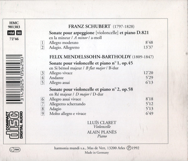 Franz Schubert / Felix Mendelssohn-Bartholdy, Lluís Claret ∙ Alain Planès - Sonate ''Arpeggione'' / Sonates Pour Violoncelle Et Piano (CD, Album) (Near Mint (NM or M-)) - Image 2