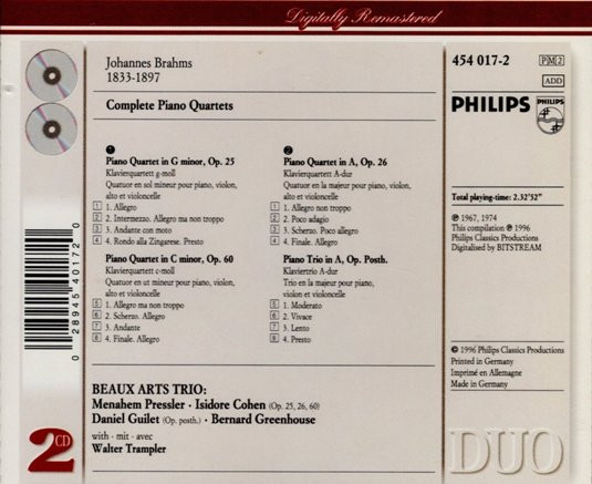 Johannes Brahms - Beaux Arts Trio, Walter Trampler - Complete Piano Quartets, Piano Trio In A, Op. Posth. (2xCD, Comp, RE, RM) (Near Mint (NM or M-)) - Image 2