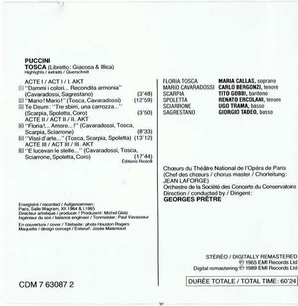 Giacomo Puccini, Maria Callas / Carlo Bergonzi / Tito Gobbi / Choeur National De L'Opéra De Paris, Orchestre De La Société Des Concerts Du Conservatoire, Georges Prêtre - Tosca Highlights (CD, Comp, RM) (Near Mint (NM or M-)) - Image 2