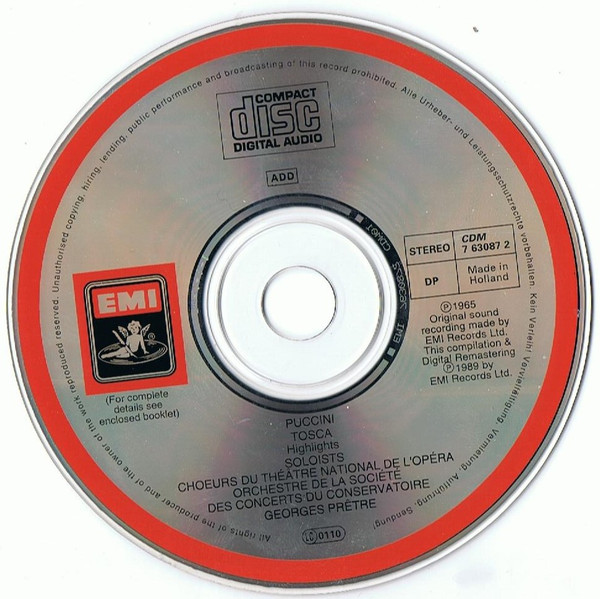Giacomo Puccini, Maria Callas / Carlo Bergonzi / Tito Gobbi / Choeur National De L'Opéra De Paris, Orchestre De La Société Des Concerts Du Conservatoire, Georges Prêtre - Tosca Highlights (CD, Comp, RM) (Near Mint (NM or M-)) - Image 3