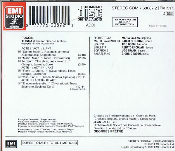 Giacomo Puccini, Maria Callas / Carlo Bergonzi / Tito Gobbi / Choeur National De L'Opéra De Paris, Orchestre De La Société Des Concerts Du Conservatoire, Georges Prêtre - Tosca Highlights (CD, Comp, RM) (Near Mint (NM or M-)) - Image 4