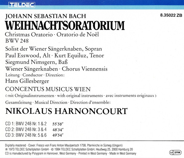 Johann Sebastian Bach, Paul Esswood, Kurt Equiluz, Siegmund Nimsgern, Die Wiener Sängerknaben, Chorus Viennensis, Concentus Musicus Wien, Nikolaus Harnoncourt - Weihnachtsoratorium = Christmas Oratorio = Oratorio De Noel (3xCD, Album + Box) (Near Mint (NM or M-)) - Image 2