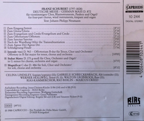 Franz Schubert, RIAS-Kammerchor, Radio-Symphonie-Orchester Berlin, Marcus Creed - Deutsche Messe D.872 = German Mass (CD, Comp) (Near Mint (NM or M-)) - Image 2
