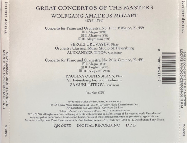 Wolfgang Amadeus Mozart - Great Concertos Of The Masters (Piano Concertos Nos. 19 & 24) (CD, Album) (Near Mint (NM or M-)) - Image 2