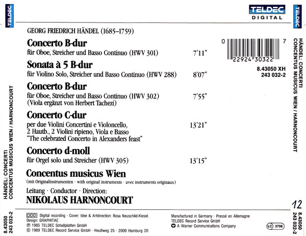Georg Friedrich Händel / Concentus Musicus Wien, Nikolaus Harnoncourt - Concerto "Alexander's Feast"; Concerti: Violin, Organ, Oboe (CD) (Near Mint (NM or M-)) - Image 2