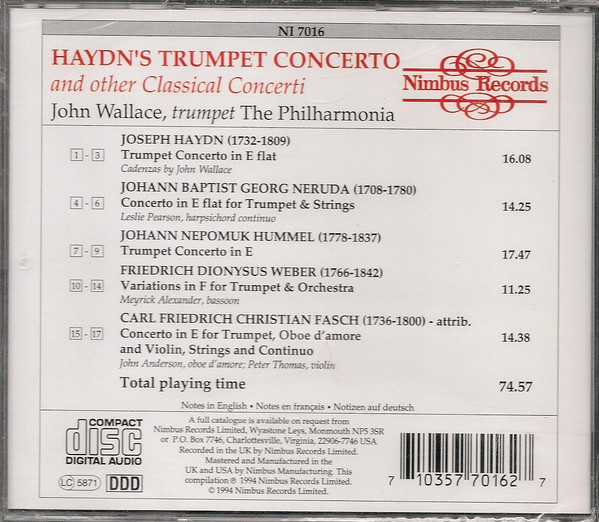 Joseph Haydn / Johann Baptist Georg Neruda / Johann Nepomuk Hummel / Bedřich Diviš Weber / Carl Friedrich Christian Fasch, John Wallace (4), Philharmonia Orchestra - Haydn's Trumpet Concerto And Other Classical Concerti (CD, Comp, Amb) (Very Good Plus (VG+)) - Image 2