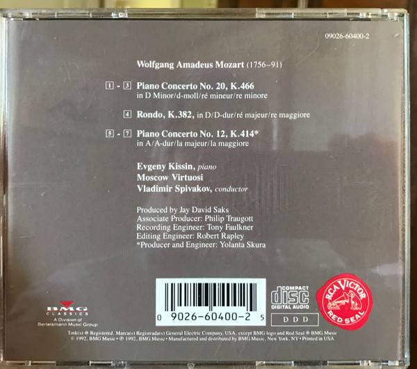Yevgeny Kissin, Wolfgang Amadeus Mozart, Moscow Virtuosi, Vladimir Spivakov - Piano Concerto No. 12 & 20, Rondo, K.382 (CD, Album) (Near Mint (NM or M-)) - Image 3