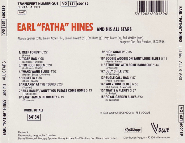 Earl Hines And His All-Stars Featuring Muggsy Spanier - Gene Norman Presents Earl "Fatha" Hines And His All Stars Featuring Muggsy Spanier (CD, Album, RE) (Near Mint (NM or M-)) - Image 2