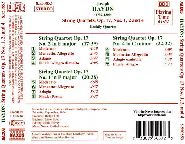 Joseph Haydn / Kodály Quartet - String Quartets Op.17, Nos. 1, 2 And 4 (CD, Album) (Near Mint (NM or M-)) - Image 2