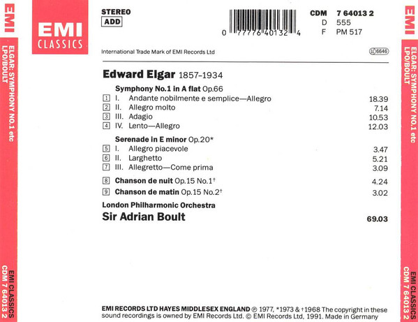 Sir Edward Elgar / London Philharmonic Orchestra, Sir Adrian Boult - Symphony No. 1 In A Flat • Serenade For Strings • Chanson de Nuit • Chanson de Matin (CD, Comp, RE, RM) (Near Mint (NM or M-)) - Image 2