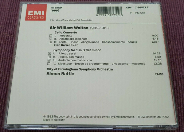 Sir William Walton / Lynn Harrell • City Of Birmingham Symphony Orchestra • Sir Simon Rattle - Symphony No.1 • Cello Concerto (CD, Album) (Near Mint (NM or M-)) - Image 2