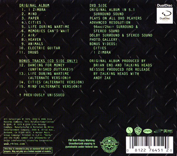 Talking Heads - Fear Of Music (Hybrid, DualDisc, Album, RM, Multichannel) (Very Good Plus (VG+)) - Image 3