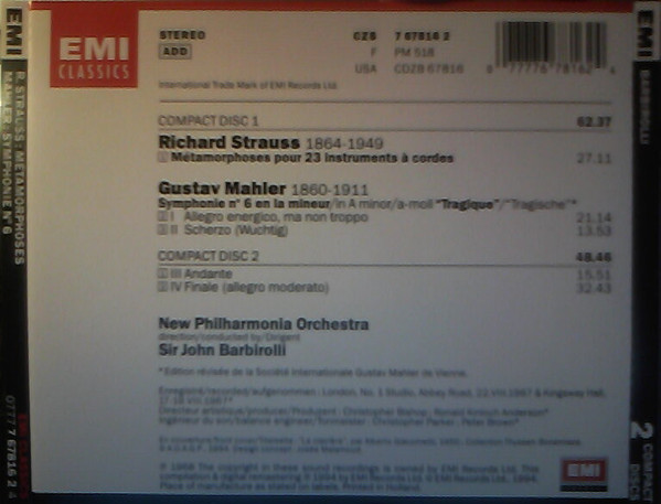 Gustav Mahler, Richard Strauss, New Philharmonia Orchestra, Sir John Barbirolli - Symphonie No. 6 / Métamorphoses (2xCD, Album, Comp, RE, RM) (Near Mint (NM or M-)) - Image 2
