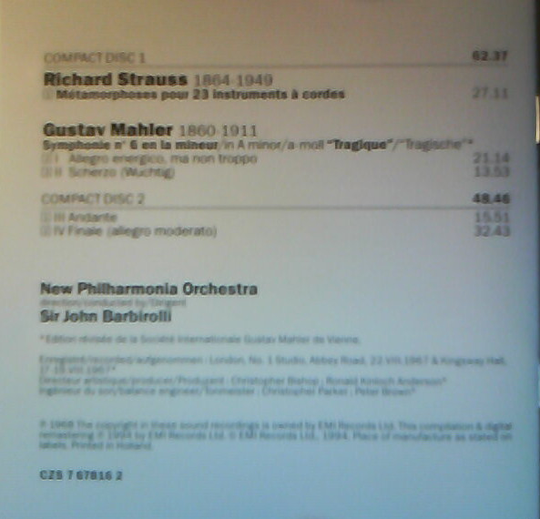 Gustav Mahler, Richard Strauss, New Philharmonia Orchestra, Sir John Barbirolli - Symphonie No. 6 / Métamorphoses (2xCD, Album, Comp, RE, RM) (Near Mint (NM or M-)) - Image 4