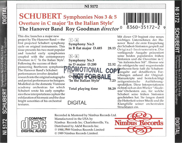 Franz Schubert, Hanover Band Directed By Roy Goodman - Symphony No. 3 In D / Symphony No. 5 In B Flat (CD, Amb) (Near Mint (NM or M-)) - Image 2