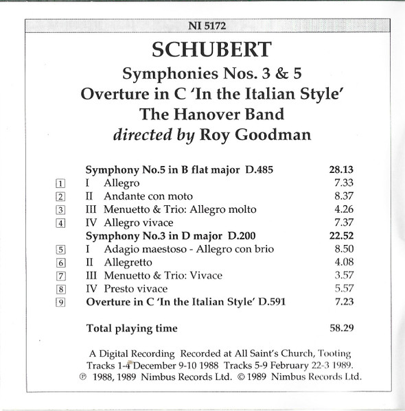 Franz Schubert, Hanover Band Directed By Roy Goodman - Symphony No. 3 In D / Symphony No. 5 In B Flat (CD, Amb) (Near Mint (NM or M-)) - Image 4