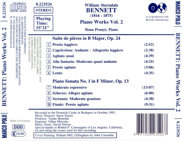 William Sterndale Bennett, Ilona Prunyi - Piano Works Vol. 2 (CD) (Near Mint (NM or M-)) - Image 2