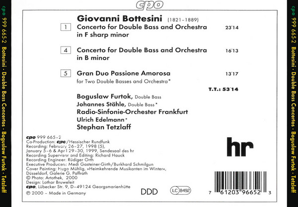 Giovanni Bottesini, Bogusław Furtok, Radio-Sinfonie-Orchester Frankfurt, Stephan Tetzlaff - Double Bass Concertos (CD) (Near Mint (NM or M-)) - Image 2