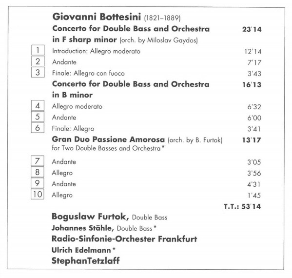Giovanni Bottesini, Bogusław Furtok, Radio-Sinfonie-Orchester Frankfurt, Stephan Tetzlaff - Double Bass Concertos (CD) (Near Mint (NM or M-)) - Image 3