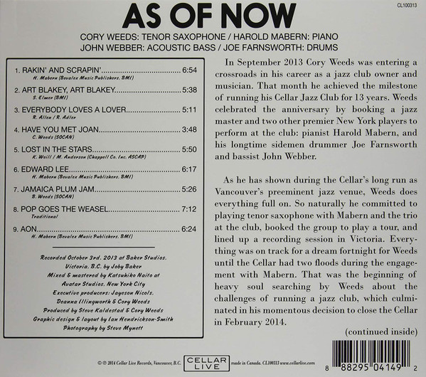 Cory Weeds - As Of Now (CD, Album) (Mint (M)) - Image 2