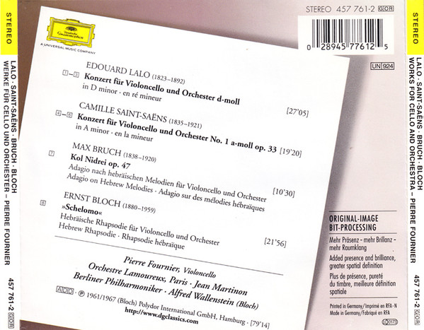Édouard Lalo / Camille Saint-Saëns / Max Bruch / Ernest Bloch - Pierre Fournier, Orchestre Des Concerts Lamoureux · Jean Martinon, Berliner Philharmoniker · Alfred Wallenstein - Cellokonzert / Cellokonzert No. 1 / Kol Nidrei / Schelomo (CD, Comp, RM) (Near Mint (NM or M-)) - Image 3