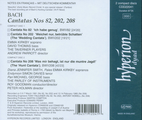 Johann Sebastian Bach / Emma Kirkby • David Thomas (9) • Jennifer Smith (3) • Simon Davies (3) • Michael George (3) • Taverner Players • Andrew Parrott • The Parley Of Instruments • Roy Goodman - Ich Habe Genug - Hunt Cantata & Wedding Cantata (2xCD, Album) (Near Mint (NM or M-)) - Image 2