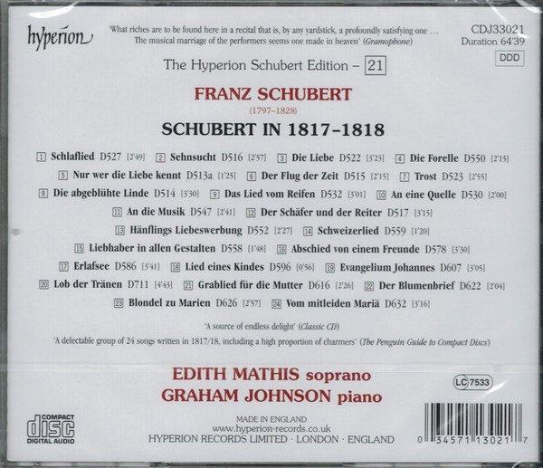 Franz Schubert - Edith Mathis, Graham Johnson (2) - The Hyperion Schubert Edition – 21 (CD, Album, RE) (Near Mint (NM or M-)) - Image 2