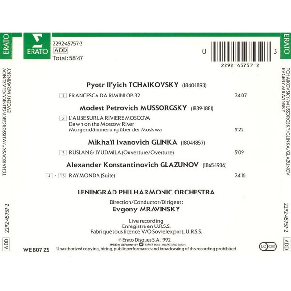 Pyotr Ilyich Tchaikovsky, Modest Mussorgsky, Mikhail Ivanovich Glinka, Alexander Glazunov, Leningrad Philharmonic Orchestra, Evgeny Mravinsky - Francesca Da Rimini Op. 32 / Dawn On The Moscow River / Ruslan & Lyudmila (Overture) / Raymonda (Suite ) (CD, Album) (Near Mint (NM or M-)) - Image 2