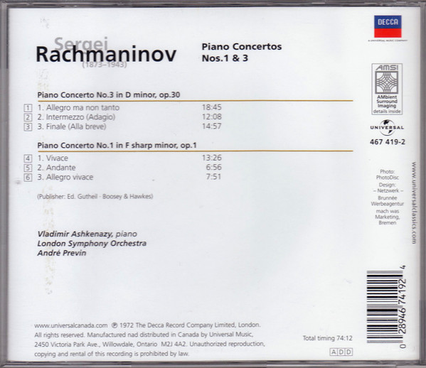 Sergei Vasilyevich Rachmaninoff - Vladimir Ashkenazy, London Symphony Orchestra, André Previn - Piano Concertos Nos. 1 & 3 (CD, Comp, RE) (Near Mint (NM or M-)) - Image 2