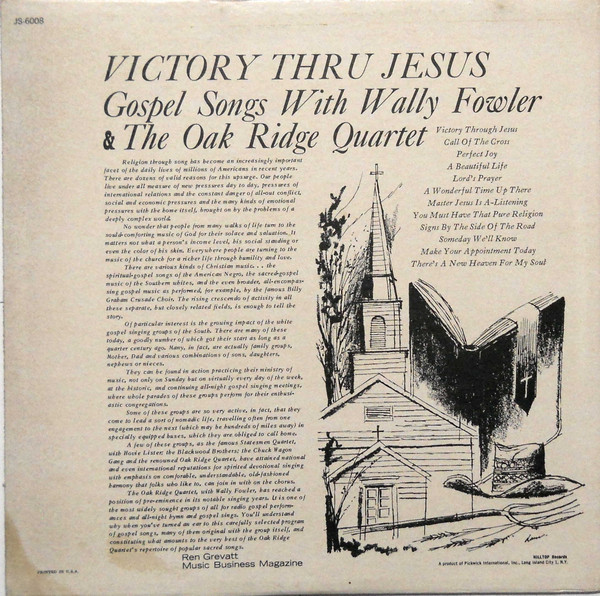 Wally Fowler & The Oak Ridge Quartet - Victory Thru Jesus (Gospel Songs With Wally Fowler & The Oak Ridge Quartet) (LP, Album) (Mint (M)) - Image 2