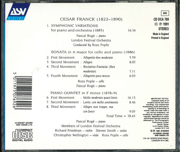 César Franck, Pascal Rogé, London Festival Orchestra, Ross Pople - Symphonic Variations • Piano Quintet • Cello Sonata (CD) (Near Mint (NM or M-)) - Image 2