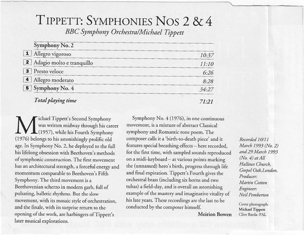 Sir Michael Tippett, BBC Symphony Orchestra - Tippett Conducts Tippett: Symphonies Nos 2 & 4 (CD) (Near Mint (NM or M-)) - Image 2