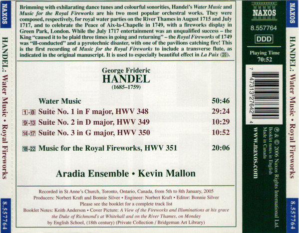 Georg Friedrich Händel • Aradia Ensemble • Kevin Mallon - Water Music / Music For The Royal Fireworks (CD, Album) (Near Mint (NM or M-)) - Image 2