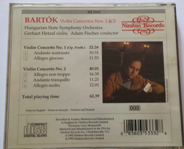 Béla Bartók, Gerhart Hetzel, Adam Fischer (2), Hungarian State Orchestra - Violin Concertos 1 & 2 (CD) (Near Mint (NM or M-)) - Image 2