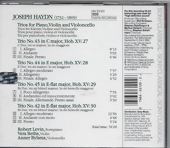 Joseph Haydn - Robert Levin ∙ Vera Beths ∙ Anner Bylsma - The Last 4 Piano Trios (CD, Album) (Near Mint (NM or M-)) - Image 2