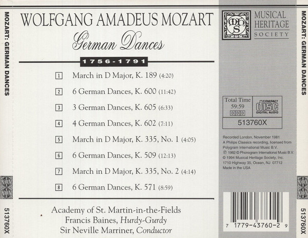 Wolfgang Amadeus Mozart - The Academy Of St. Martin-in-the-Fields, Sir Neville Marriner - German Dances (CD, RE) (Near Mint (NM or M-)) - Image 2