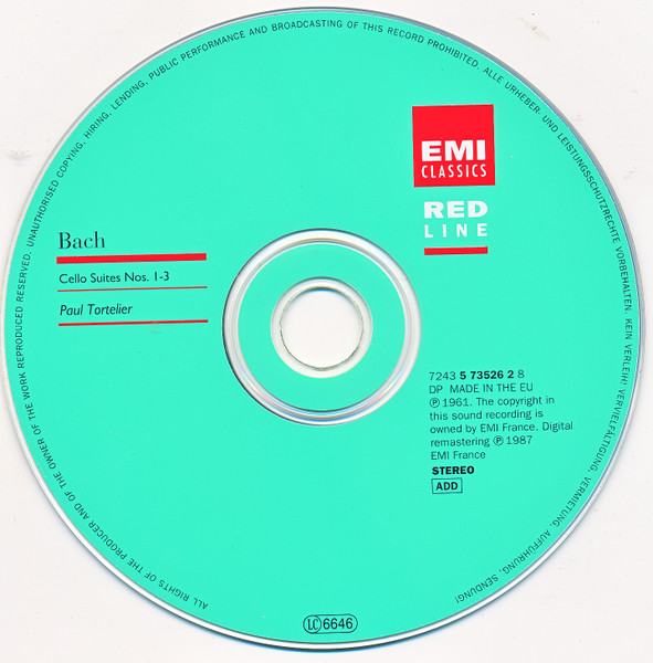 Johann Sebastian Bach, Paul Tortelier - Cello Suites Nos. 1-3 (CD, RE, RM) (Near Mint (NM or M-)) - Image 3