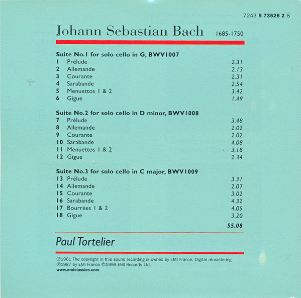 Johann Sebastian Bach, Paul Tortelier - Cello Suites Nos. 1-3 (CD, RE, RM) (Near Mint (NM or M-)) - Image 4