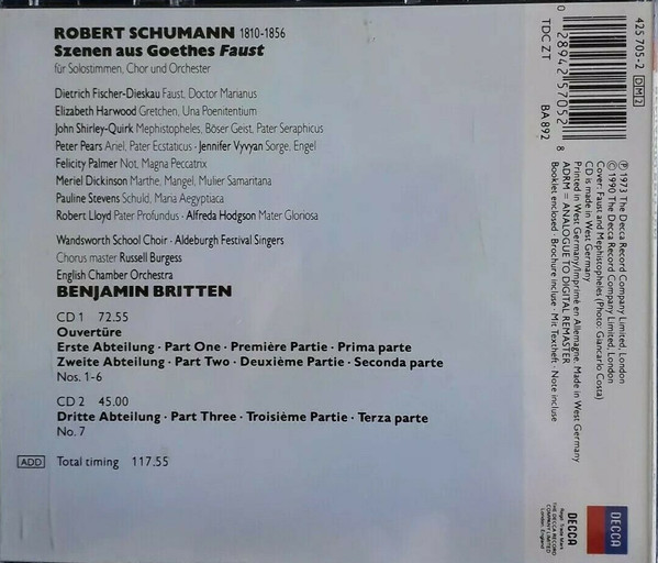 Robert Schumann - Dietrich Fischer-Dieskau, Elizabeth Harwood, Peter Pears, John Shirley-Quirk, Benjamin Britten - Szenen Aus Goethes Faust (2xCD, Album, RE, RM) (Near Mint (NM or M-)) - Image 2