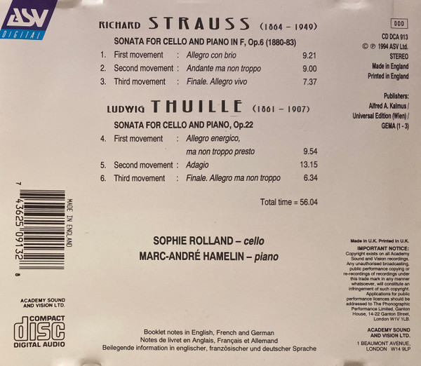 Richard Strauss & Ludwig Thuille – Sophie Rolland, Marc-André Hamelin - Cello Sonatas (CD, Album) (Near Mint (NM or M-)) - Image 2