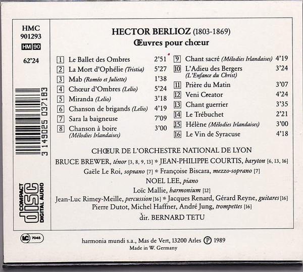 Hector Berlioz, Bernard Tétu, Chœurs De L'Orchestre De Lyon, Noël Lee, Bruce Brewer, Jean-Philippe Courtis - La Mort D'Ophélie - Œuvres Pour Chœur / Choral Works (CD, Album) (Near Mint (NM or M-)) - Image 2